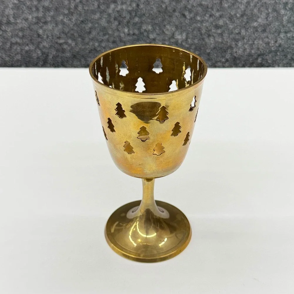 Vintage Brass‎ Christmas Tree Cutout Candle Holder Chalice Pedestal Gold Tone